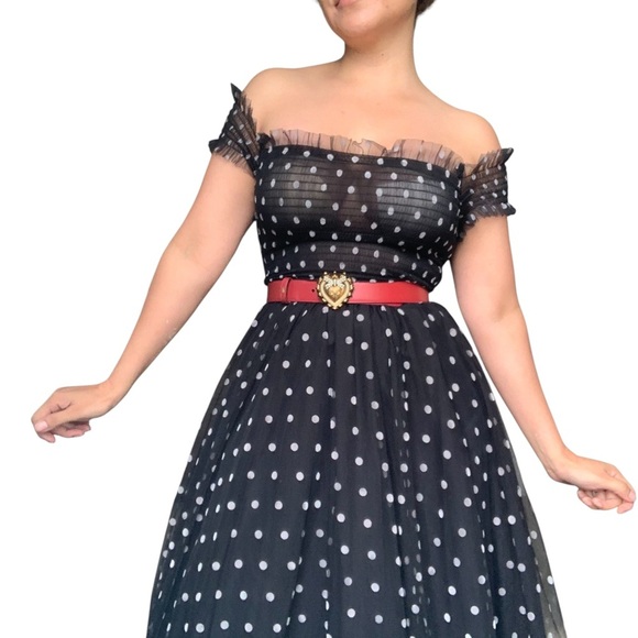 Elise - Elegant Black Polka Dot Off-Shoulder Dress - Small - Picture 2 of 14
